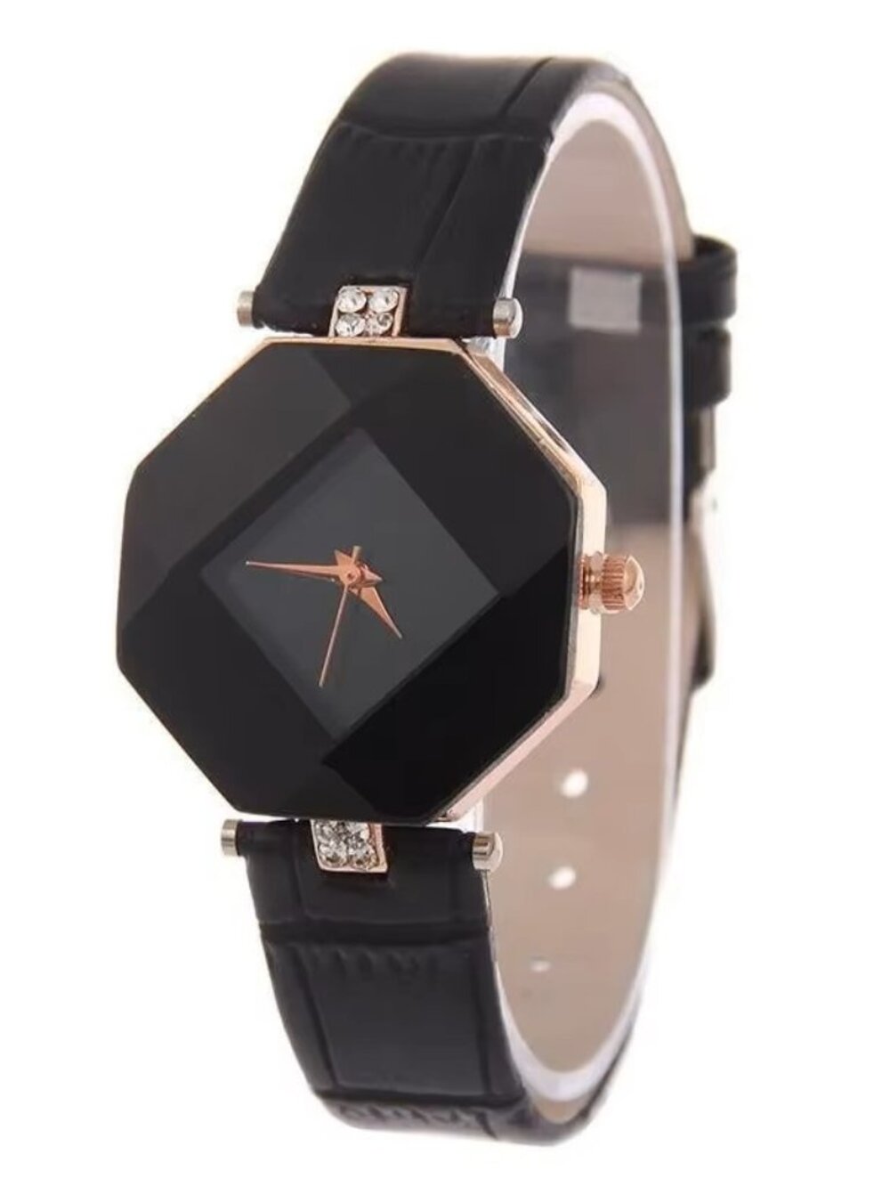 Black Womens Watch Geometric Octagon Faceted Dial Analog Fashion Gift Wristwatch